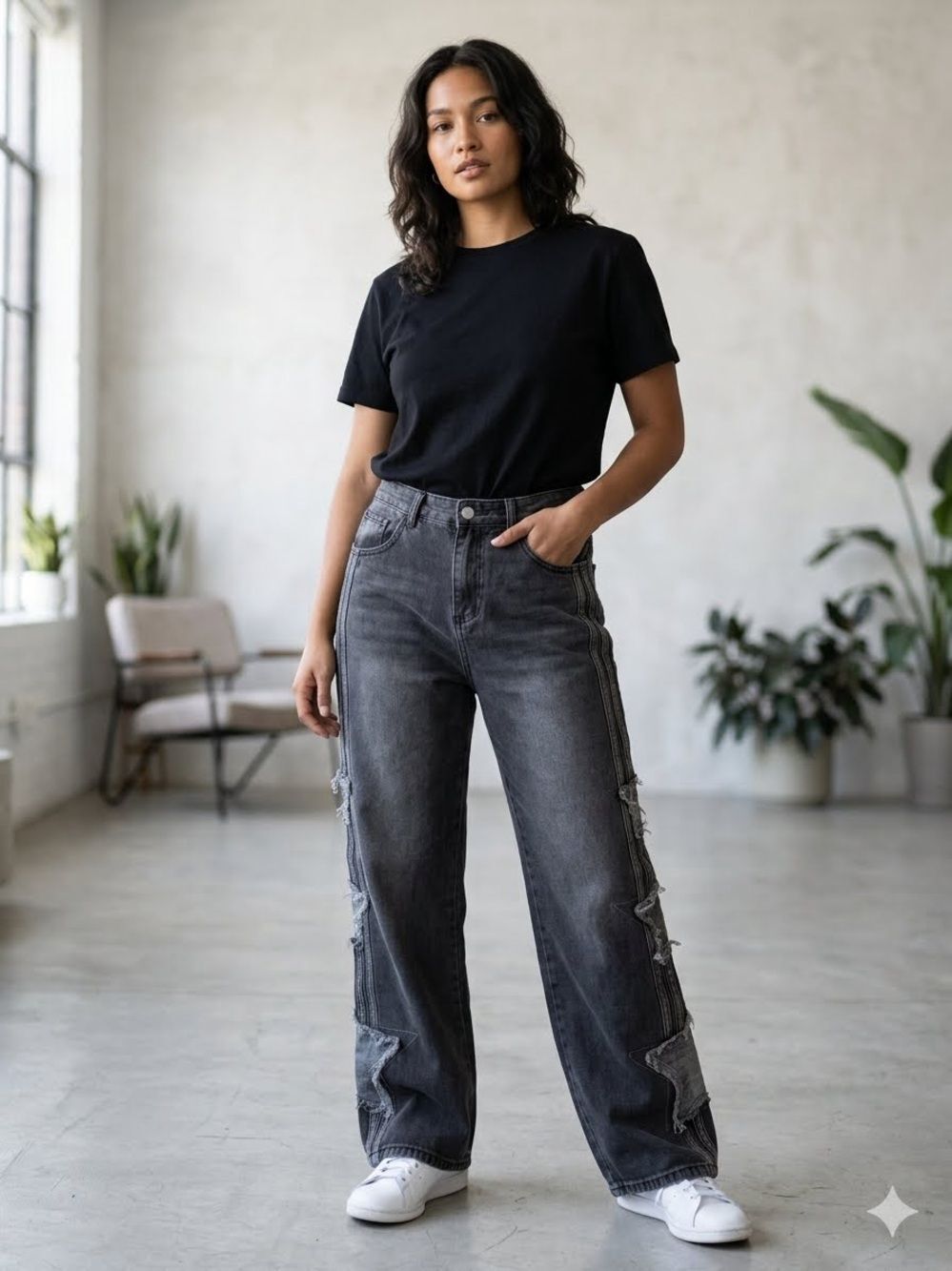 Umber Black distressed Washed Straight-Leg Jeans with three embroidered stars